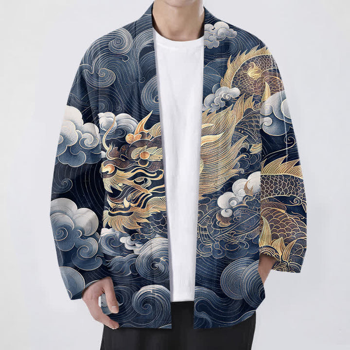 Buddha Stones Kimono aus Baumwolle mit Drachen-, Wolken- und Meeresmuster, offener Vorderseite, für Herren - Marine - US/UK/AU48, EU58 (4XL) - image 6