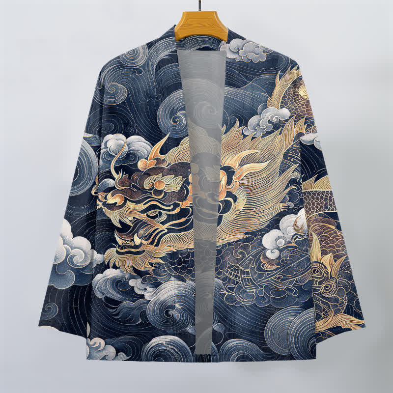 Buddha Stones Kimono aus Baumwolle mit Drachen-, Wolken- und Meeresmuster, offener Vorderseite, für Herren - image 7