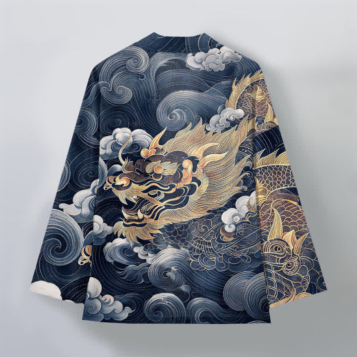 Buddha Stones Kimono aus Baumwolle mit Drachen-, Wolken- und Meeresmuster, offener Vorderseite, für Herren - image 8