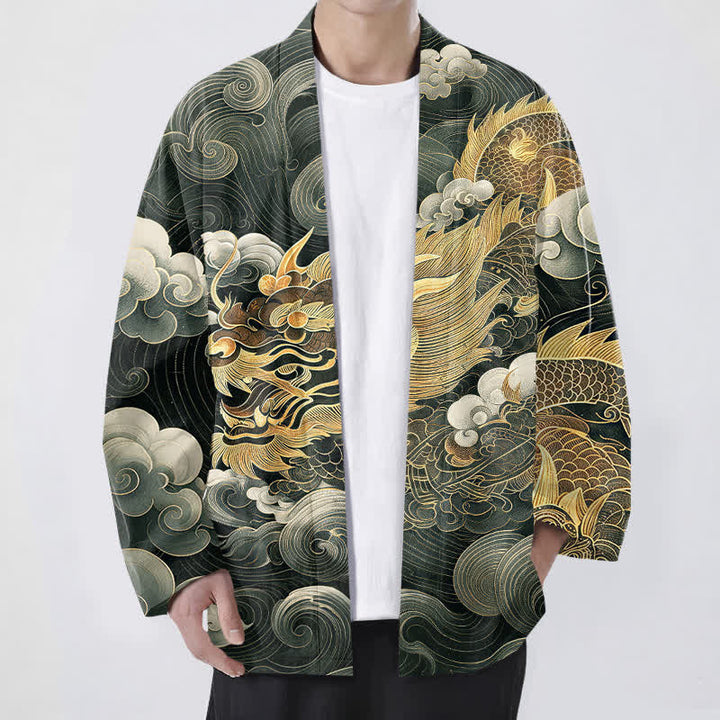 Buddha Stones Kimono aus Baumwolle mit Drachen-, Wolken- und Meeresmuster, offener Vorderseite, für Herren - Dunkelgrün - US/UK/AU48, EU58 (4XL) - image 9