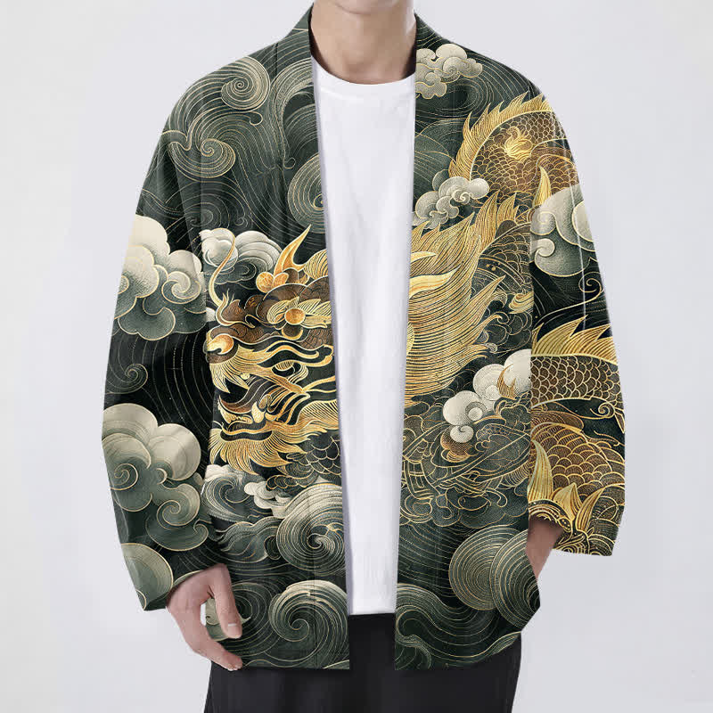 Buddha Stones Kimono aus Baumwolle mit Drachen-, Wolken- und Meeresmuster, offener Vorderseite, für Herren - Dunkelgrün - US/UK/AU48, EU58 (4XL) - image 9