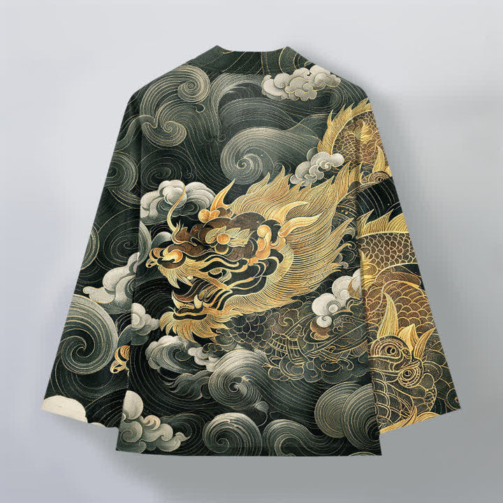 Buddha Stones Kimono aus Baumwolle mit Drachen-, Wolken- und Meeresmuster, offener Vorderseite, für Herren - image 11