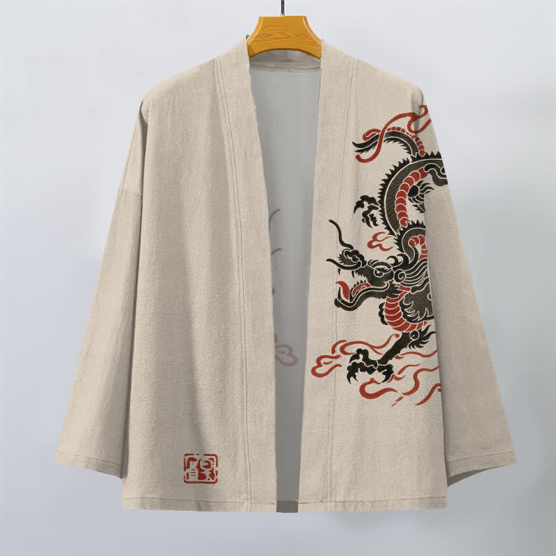 Buddha Stones Kimono aus Baumwolle mit schwarzem und rotem Drachenmuster und offener Vorderseite für Herren - image 1