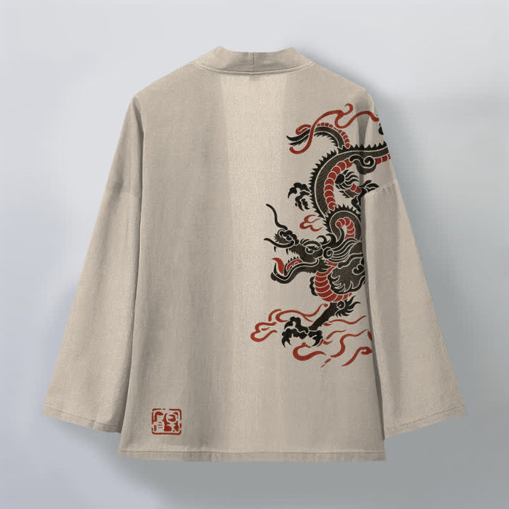 Buddha Stones Kimono aus Baumwolle mit schwarzem und rotem Drachenmuster und offener Vorderseite für Herren - image 2