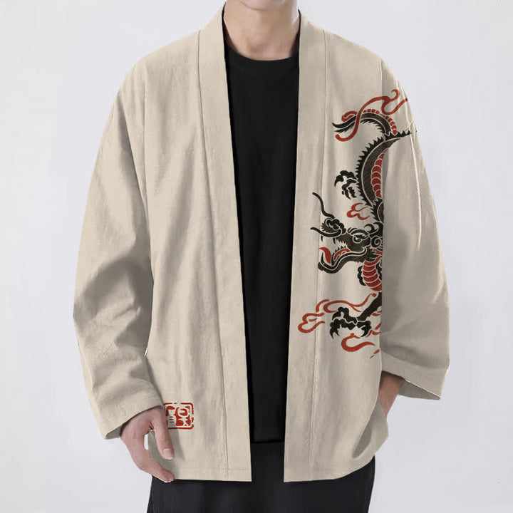 Buddha Stones Kimono aus Baumwolle mit schwarzem und rotem Drachenmuster und offener Vorderseite für Herren - Beige - US/UK/AU48, EU58 (4XL) - image 0