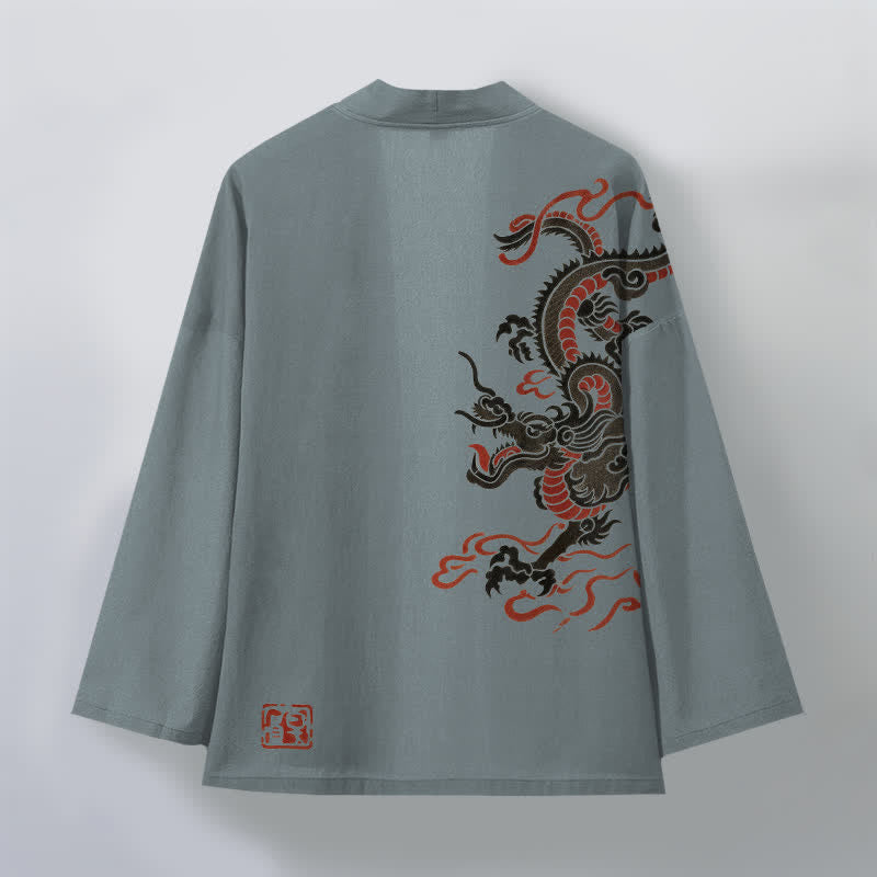 Buddha Stones Kimono aus Baumwolle mit schwarzem und rotem Drachenmuster und offener Vorderseite für Herren - image 8