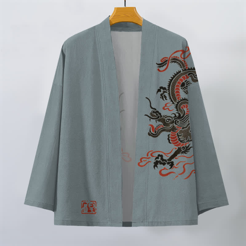 Buddha Stones Kimono aus Baumwolle mit schwarzem und rotem Drachenmuster und offener Vorderseite für Herren - image 7