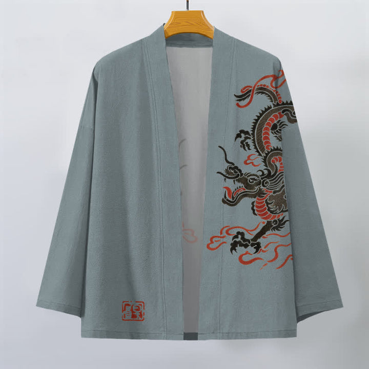 Buddha Stones Kimono aus Baumwolle mit schwarzem und rotem Drachenmuster und offener Vorderseite für Herren - image 7