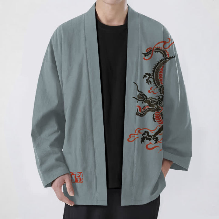 Buddha Stones Kimono aus Baumwolle mit schwarzem und rotem Drachenmuster und offener Vorderseite für Herren - Kadettenblau - US/UK/AU48, EU58 (4XL) - image 6