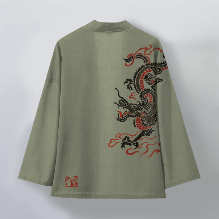 Buddha Stones Kimono aus Baumwolle mit schwarzem und rotem Drachenmuster und offener Vorderseite für Herren - image 11