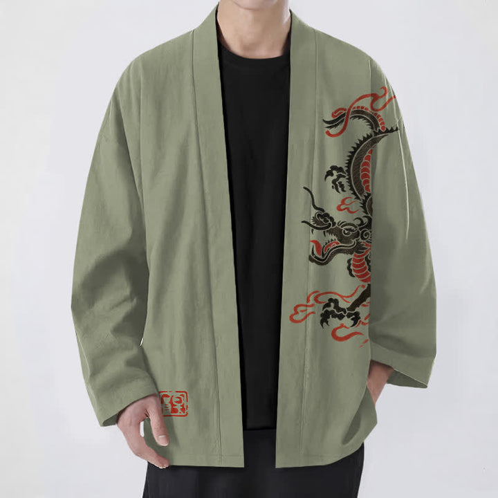 Buddha Stones Kimono aus Baumwolle mit schwarzem und rotem Drachenmuster und offener Vorderseite für Herren - Olivgrün - US/UK/AU48, EU58 (4XL) - image 9