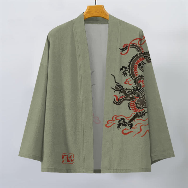 Buddha Stones Kimono aus Baumwolle mit schwarzem und rotem Drachenmuster und offener Vorderseite für Herren - image 10