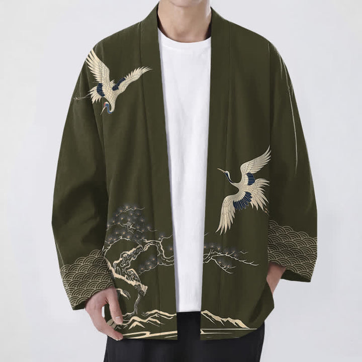 Buddha Stones Baumwollkimono mit Kranich- und Kiefernlandschaftsmuster, offene Vorderseite, für Herren - Dunkelolivgrün - US/UK/AU48, EU58 (4XL) - image 0