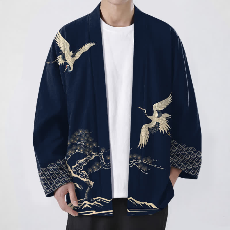 Buddha Stones Baumwollkimono mit Kranich- und Kiefernlandschaftsmuster, offene Vorderseite, für Herren - Marine - US/UK/AU48, EU58 (4XL) - image 6