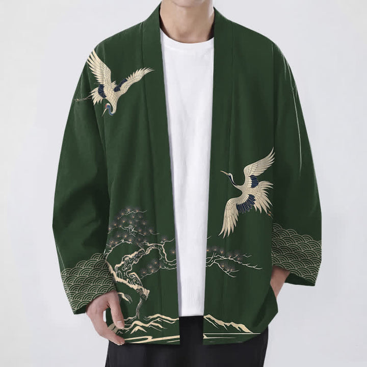 Buddha Stones Baumwollkimono mit Kranich- und Kiefernlandschaftsmuster, offene Vorderseite, für Herren - Dunkelgrün - US/UK/AU48, EU58 (4XL) - image 9