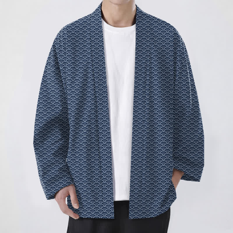 Buddha Stones Kimono aus Baumwolle mit japanischem Meereswellenmuster und offener Vorderseite für Herren - Marine - US/UK/AU48, EU58 (4XL) - image 0