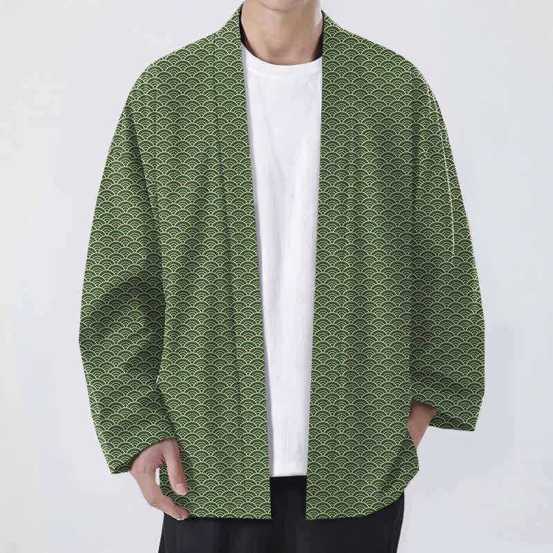 Buddha Stones Kimono aus Baumwolle mit japanischem Meereswellenmuster und offener Vorderseite für Herren - Olivgrün - US/UK/AU48, EU58 (4XL) - image 9
