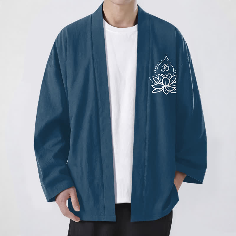 Buddha Stones Herren-Kimono aus Baumwolle mit Lotus-Om-Muster und offener Vorderseite - SteelBlue - US/UK/AU48, EU58 (4XL) - image 6