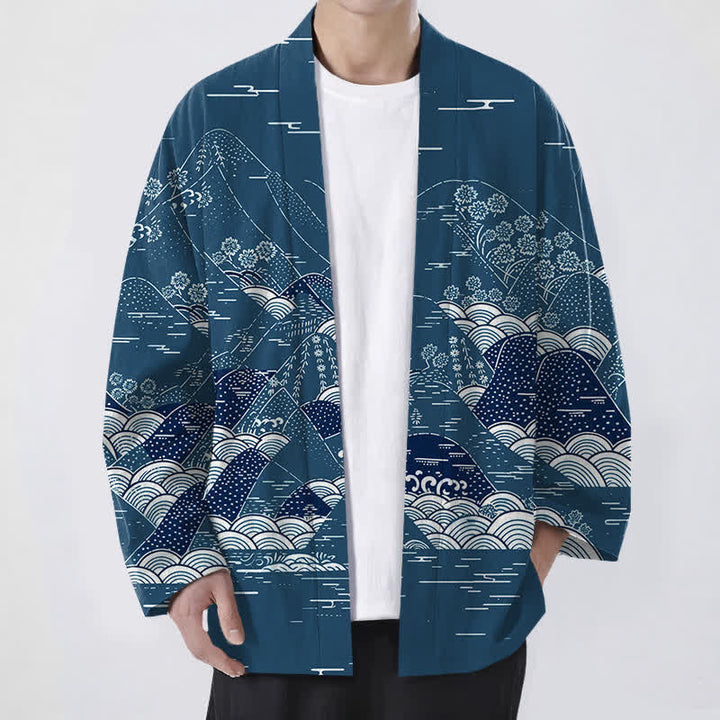 Buddha Stones Kimono aus Baumwolle mit japanischem Landschafts- und Wellenmuster, offener Vorderseite, für Herren - Türkis - US/UK/AU48, EU58 (4XL) - image 0