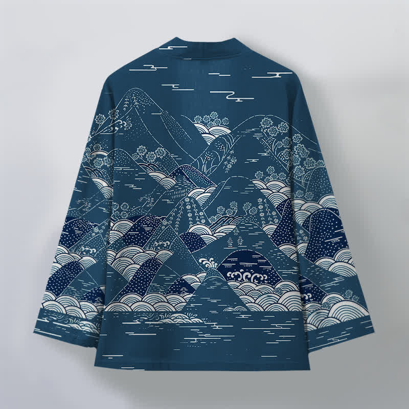 Buddha Stones Kimono aus Baumwolle mit japanischem Landschafts- und Wellenmuster, offener Vorderseite, für Herren - image 2
