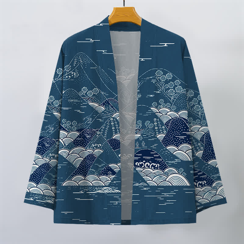 Buddha Stones Kimono aus Baumwolle mit japanischem Landschafts- und Wellenmuster, offener Vorderseite, für Herren - image 1