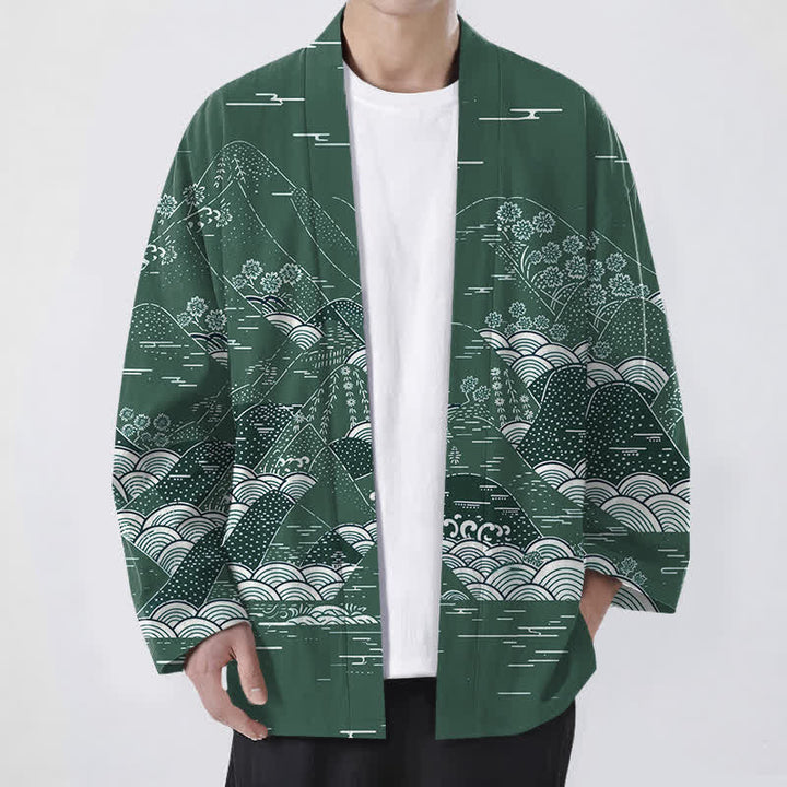 Buddha Stones Kimono aus Baumwolle mit japanischem Landschafts- und Wellenmuster, offener Vorderseite, für Herren - Waldgrün - US/UK/AU48, EU58 (4XL) - image 6