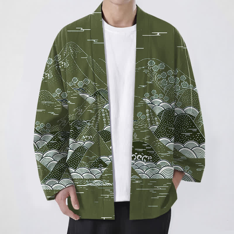 Buddha Stones Kimono aus Baumwolle mit japanischem Landschafts- und Wellenmuster, offener Vorderseite, für Herren - Olivgrün - US/UK/AU48, EU58 (4XL) - image 9