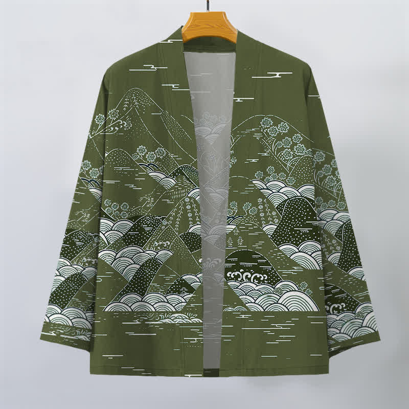 Buddha Stones Kimono aus Baumwolle mit japanischem Landschafts- und Wellenmuster, offener Vorderseite, für Herren - image 10