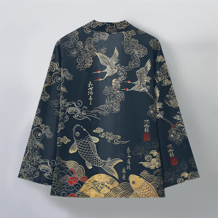 Buddha Stones Kimono aus Baumwolle mit chinesischem Kranich- und Koi-Karpfenmuster, offener Vorderseite, für Herren - image 2