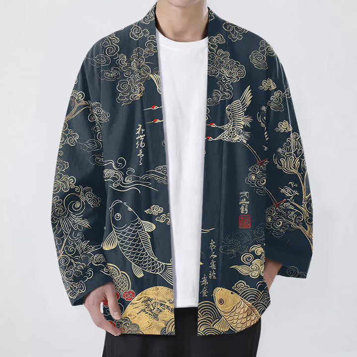 Buddha Stones Kimono aus Baumwolle mit chinesischem Kranich- und Koi-Karpfenmuster, offener Vorderseite, für Herren - Marine - US/UK/AU48, EU58 (4XL) - image 0