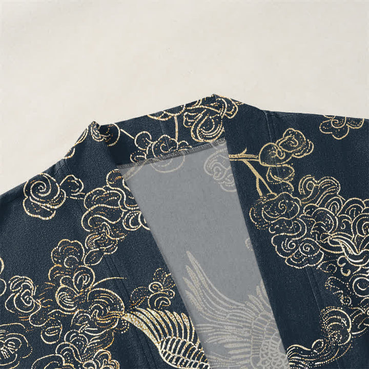 Buddha Stones Kimono aus Baumwolle mit chinesischem Kranich- und Koi-Karpfenmuster, offener Vorderseite, für Herren - image 3