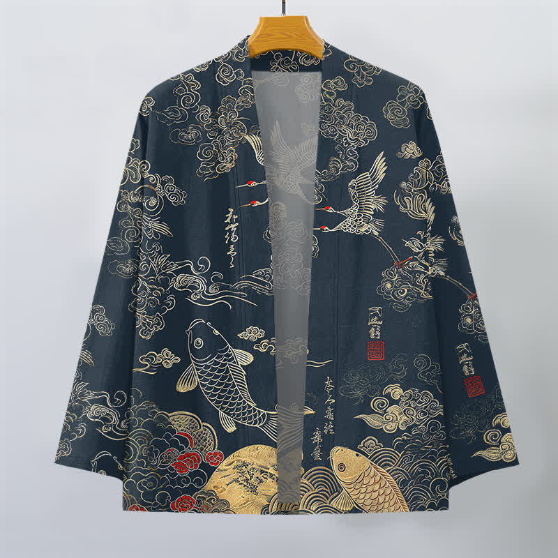 Buddha Stones Kimono aus Baumwolle mit chinesischem Kranich- und Koi-Karpfenmuster, offener Vorderseite, für Herren - image 1