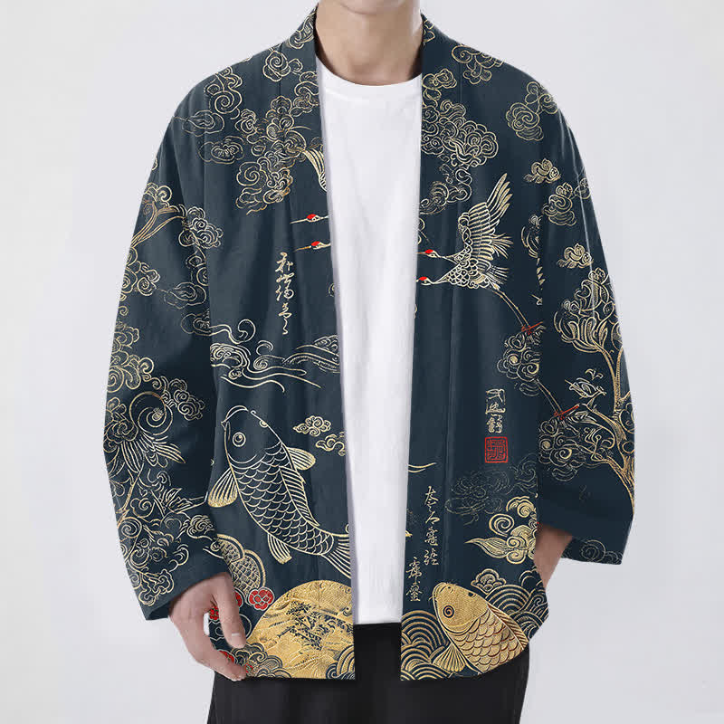 Buddha Stones Kimono aus Baumwolle mit chinesischem Kranich- und Koi-Karpfenmuster, offener Vorderseite, für Herren - Marine - US/UK/AU48, EU58 (4XL) - image 0