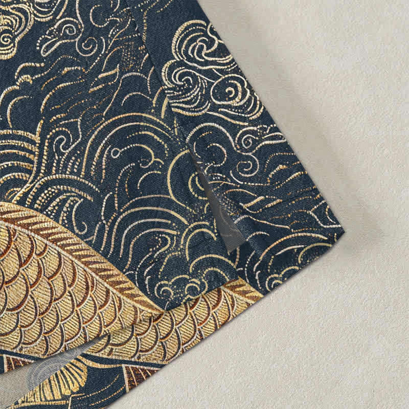 Buddha Stones Kimono aus Baumwolle mit chinesischem Kranich- und Koi-Karpfenmuster, offener Vorderseite, für Herren - image 4