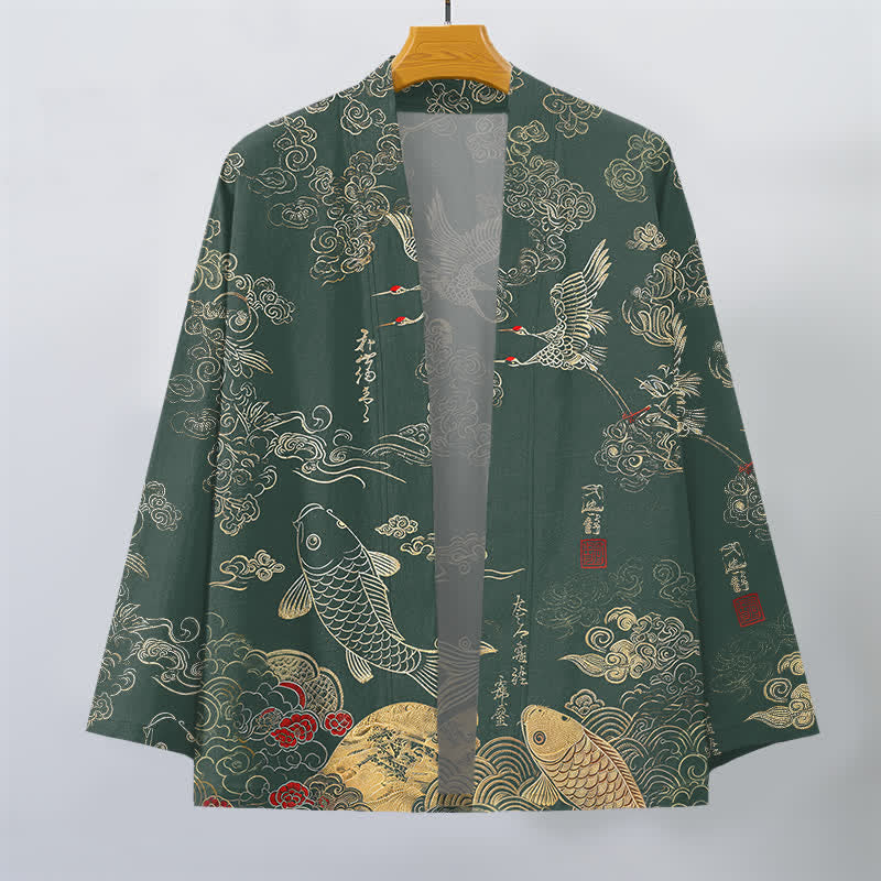 Buddha Stones Kimono aus Baumwolle mit chinesischem Kranich- und Koi-Karpfenmuster, offener Vorderseite, für Herren - image 7
