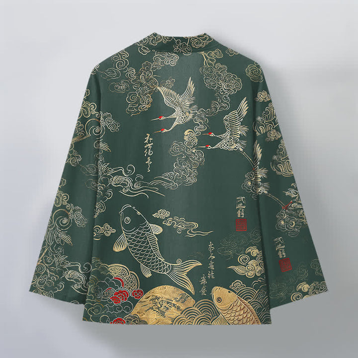 Buddha Stones Kimono aus Baumwolle mit chinesischem Kranich- und Koi-Karpfenmuster, offener Vorderseite, für Herren - image 8