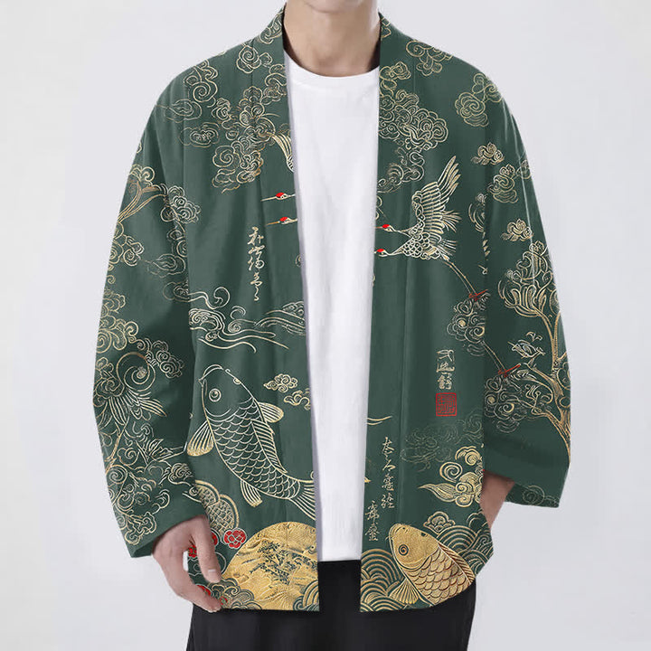 Buddha Stones Kimono aus Baumwolle mit chinesischem Kranich- und Koi-Karpfenmuster, offener Vorderseite, für Herren - Dunkelgrün - US/UK/AU48, EU58 (4XL) - image 6