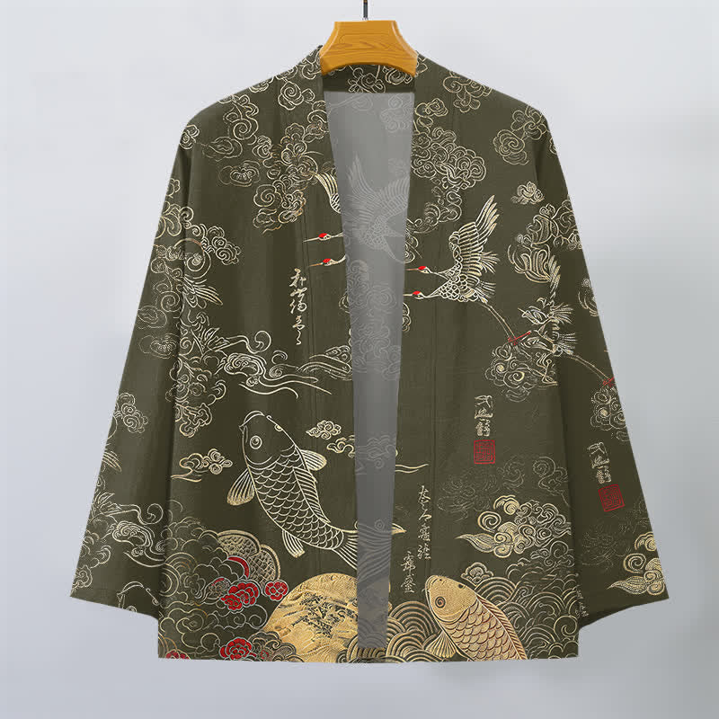 Buddha Stones Kimono aus Baumwolle mit chinesischem Kranich- und Koi-Karpfenmuster, offener Vorderseite, für Herren - image 10