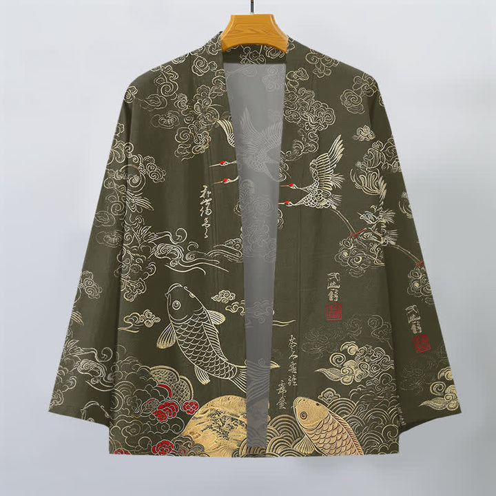 Buddha Stones Kimono aus Baumwolle mit chinesischem Kranich- und Koi-Karpfenmuster, offener Vorderseite, für Herren - image 10