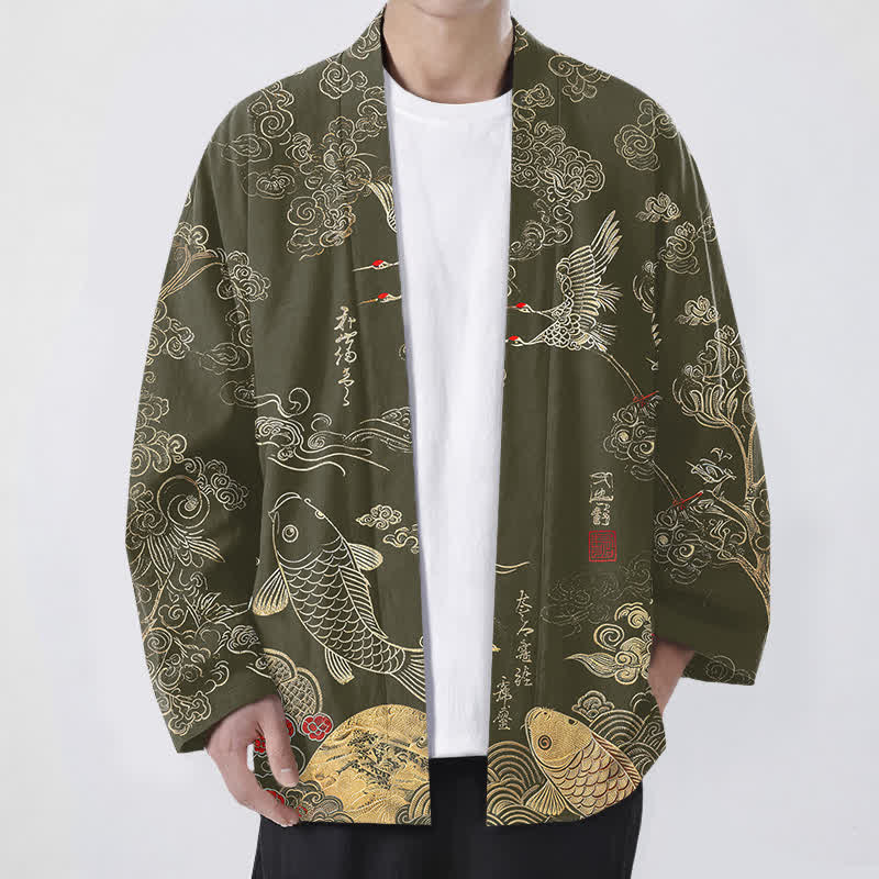 Buddha Stones Kimono aus Baumwolle mit chinesischem Kranich- und Koi-Karpfenmuster, offener Vorderseite, für Herren - Olive - US/UK/AU48, EU58 (4XL) - image 9