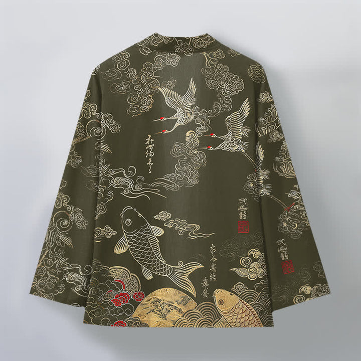 Buddha Stones Kimono aus Baumwolle mit chinesischem Kranich- und Koi-Karpfenmuster, offener Vorderseite, für Herren - image 11