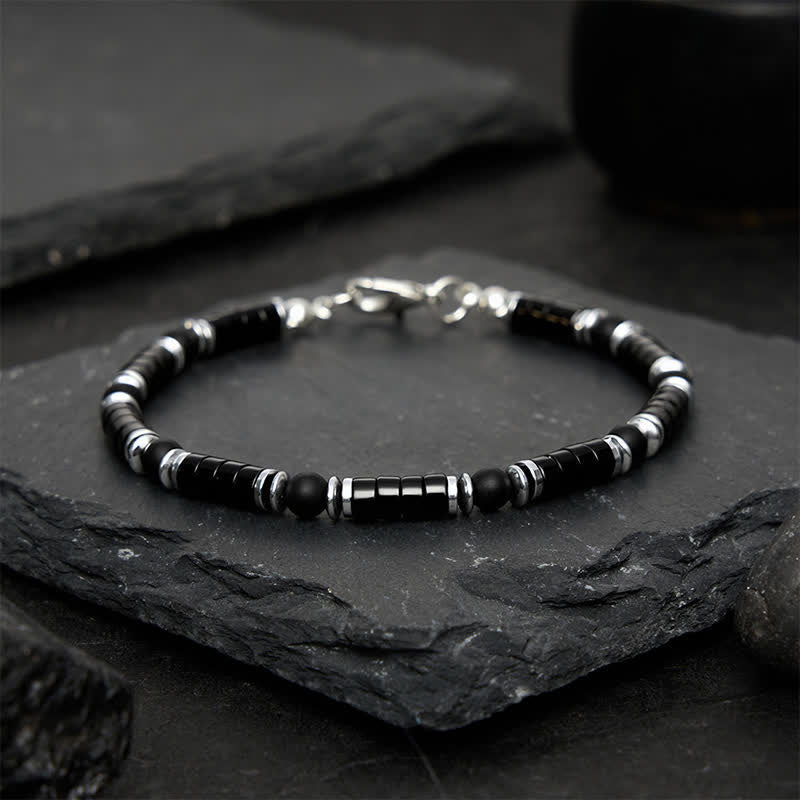 Buddha Stones Schwarzes Onyx-Zylinderarmband mit mattiertem Zwischenperlen - image 1