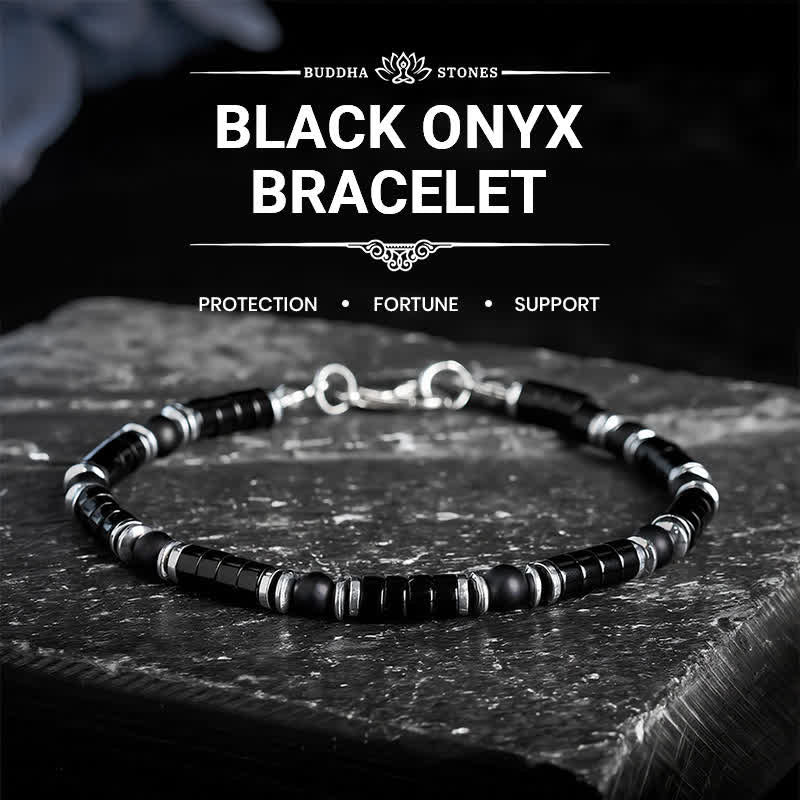 Buddha Stones Schwarzes Onyx-Zylinderarmband mit mattiertem Zwischenperlen - Ohne Verlängerungskette (Handgelenkumfang: 16–18 cm) - image 0