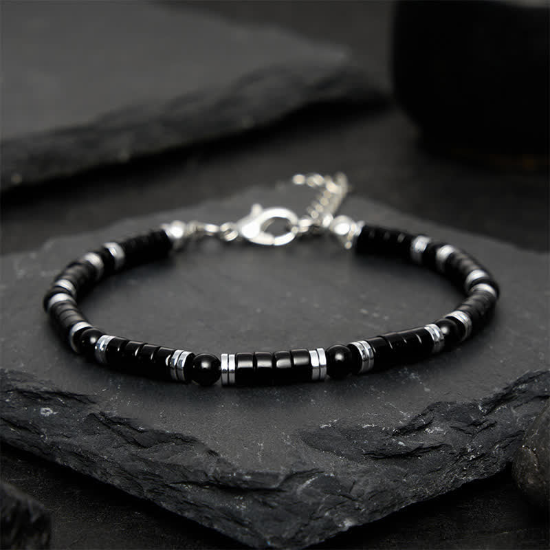 Buddha Stones Schwarzes Onyx-Zylinderarmband mit mattiertem Zwischenperlen - image 10