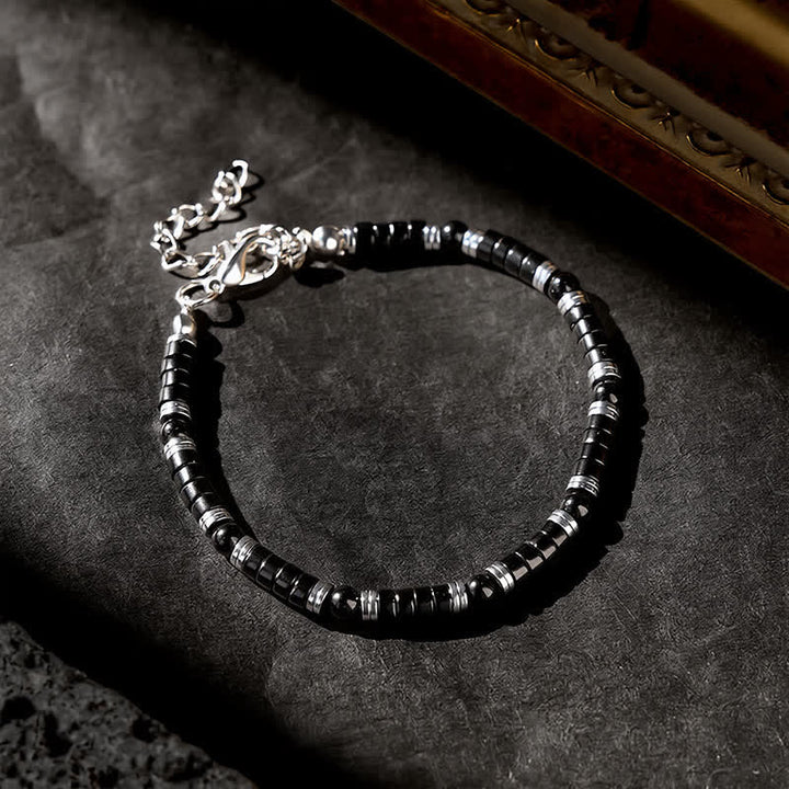 Buddha Stones Schwarzes Onyx-Zylinderarmband mit mattiertem Zwischenperlen - image 11