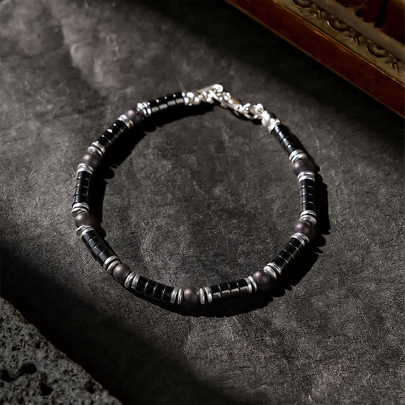 Buddha Stones Schwarzes Onyx-Zylinderarmband mit mattiertem Zwischenperlen - image 2