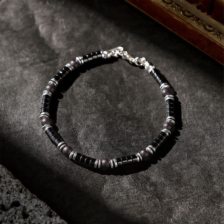 Buddha Stones Schwarzes Onyx-Zylinderarmband mit mattiertem Zwischenperlen - image 2
