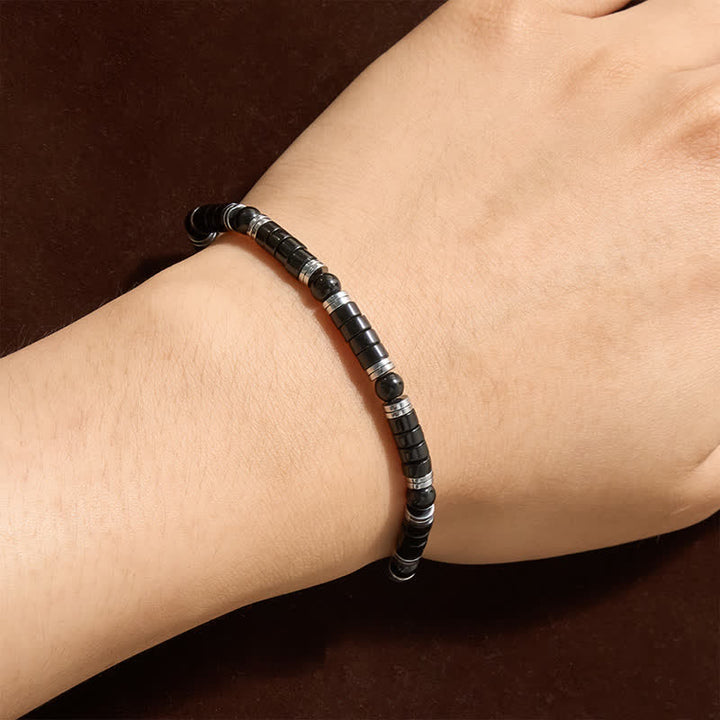 Buddha Stones Schwarzes Onyx-Zylinderarmband mit mattiertem Zwischenperlen - image 3