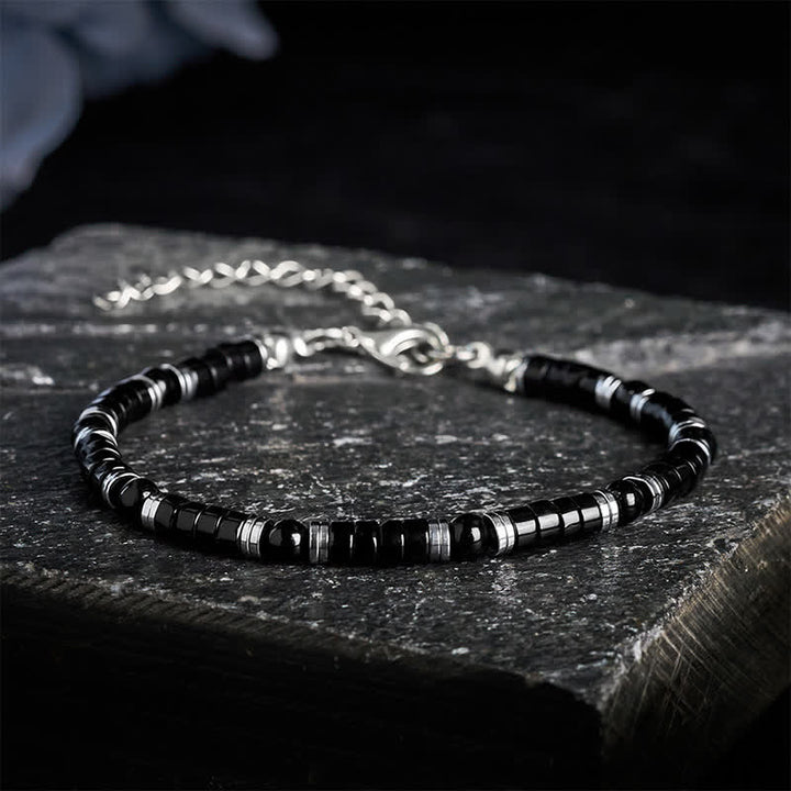 Buddha Stones Schwarzes Onyx-Zylinderarmband mit mattiertem Zwischenperlen - Mit Verlängerungskette (Handgelenkumfang: 16–19 cm) - image 9