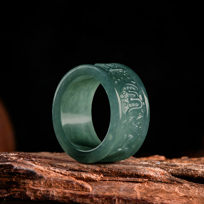 Buddha Stones, natürlicher Jade, Om Mani Padme Hum, geschnitzter Wohlstandsring - image 1